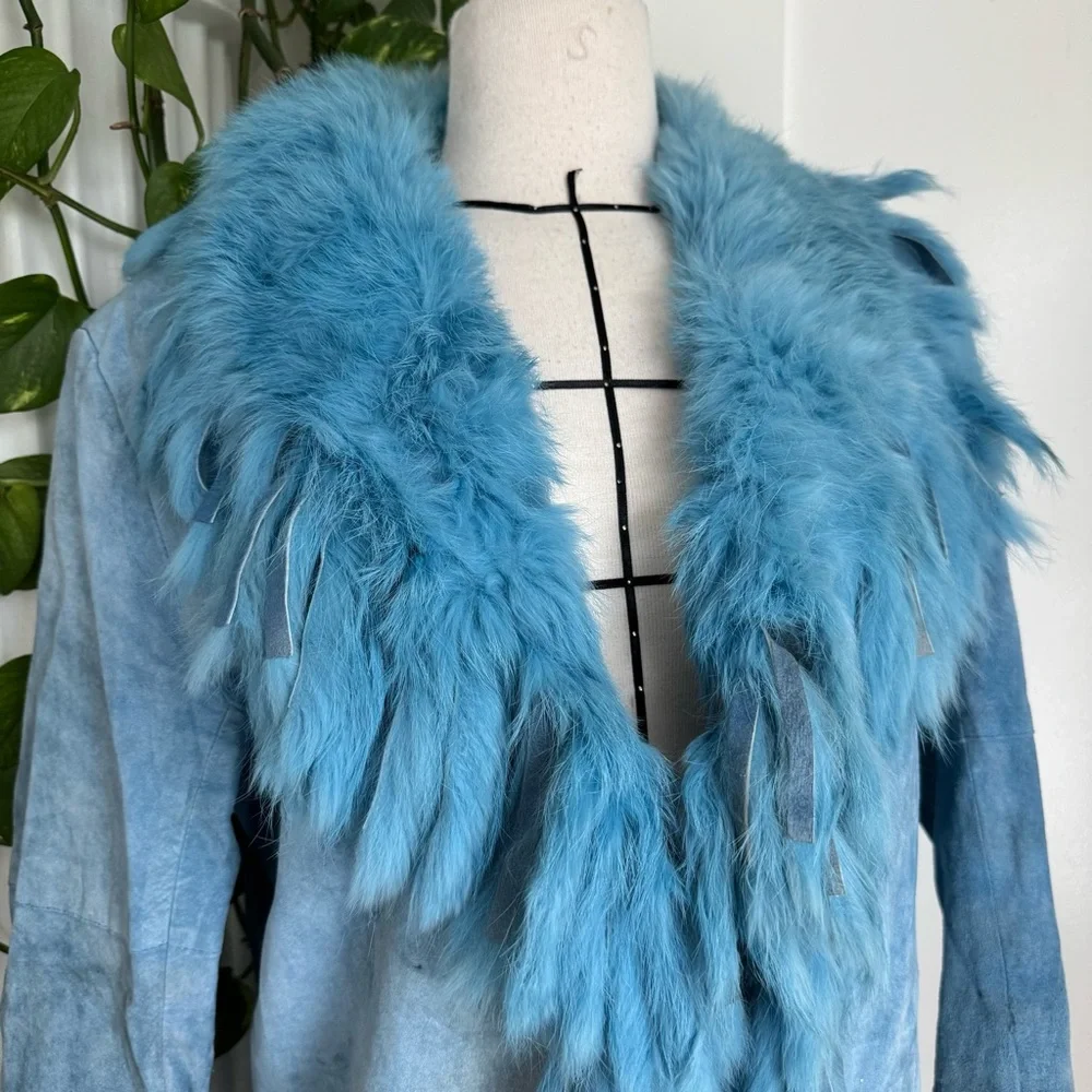 Robins Egg Blue Mink Fur Trim Leather Jacket - Picture 2 of 5